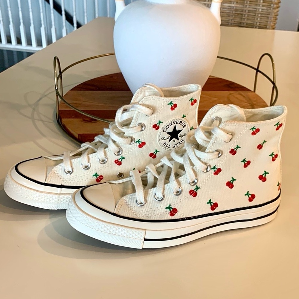 Converse high tops with cherries on them-size 6.5-cream and red